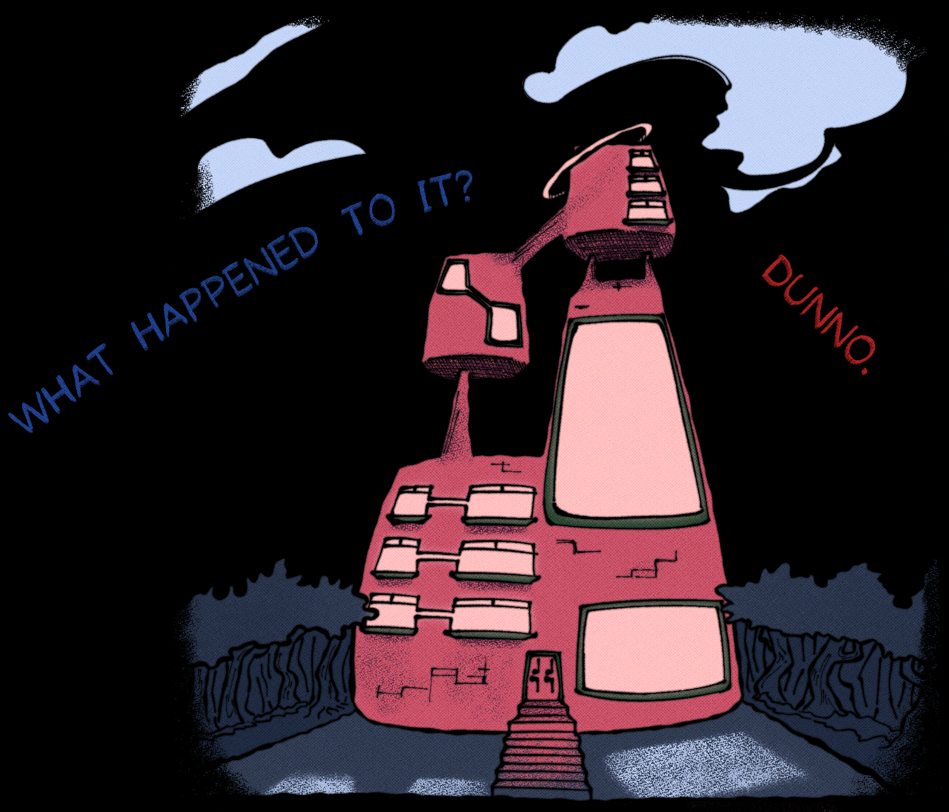Illustration of a tall, pink and futuristic building in front of a night sky with the dialogue 'What Happened to it?', followed by 'Dunno', framing it on the left and right. The text is coloured in blue and red respectively.